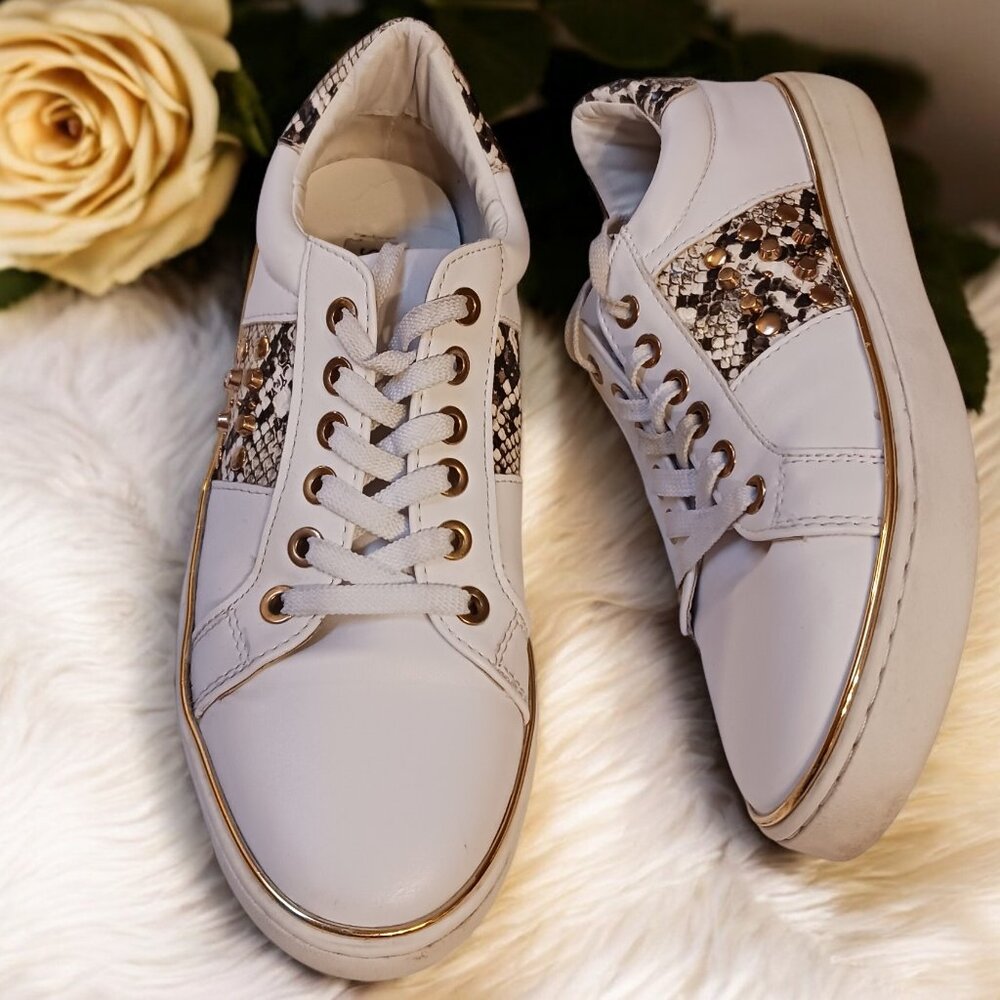 Steve Madden  White Gold Studded Snakeskin Fashion Vegan Sneakers  Size 6.5